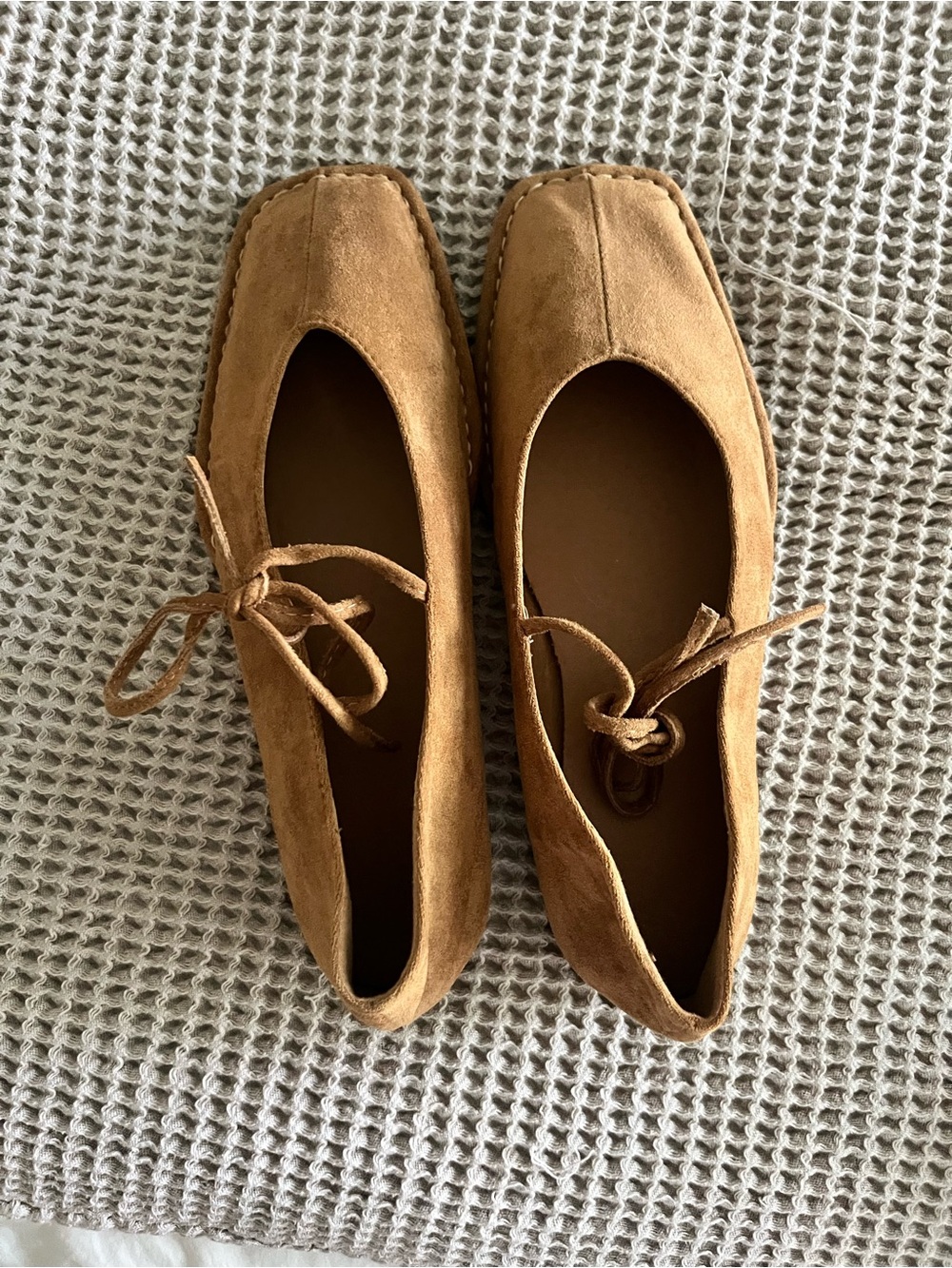 Amazon Women's Suede Lace-Up Ballet Flats in Tan Brown